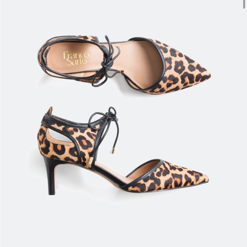 Franco Sarto Leopard Print Calf Halr Pointed-Toe Heels with Cut-Out Sides